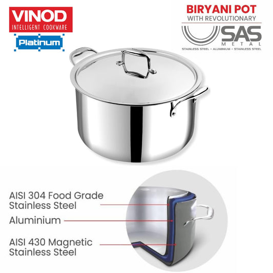 Vinod Platinum Triply Stainless Steel Biryani/Sauce Pot with Lid 30 cm | Heavy Bottom | Multipurpose Cooking Pot | Riveted Handles | Induction & Gas Compatible