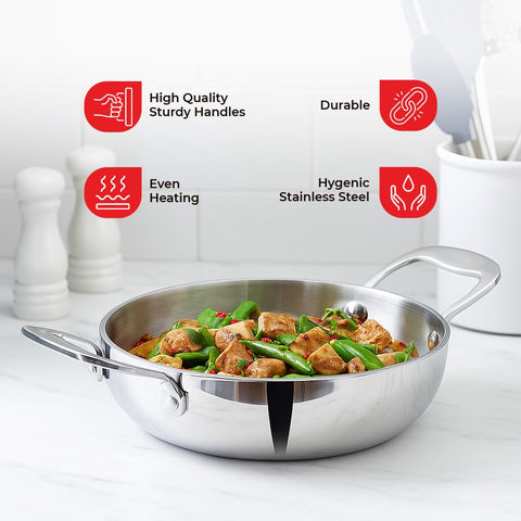 Vinod Platinum Tripy Stainless Steel Mini Kadai - 14cm (600 ml), Compact Design for Healthy Cooking, Induction Friendly Versatile Small kadhai, Use Less Oil, Sturdy and Durable - 5 Years Warranty