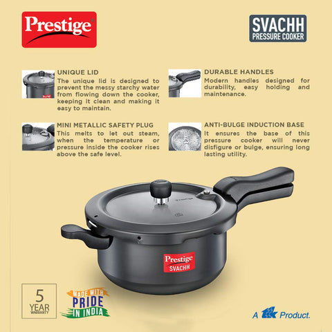 Prestige Svachh, 20278, 5 L, Sr. Pressure Pan, With Deep Lid For Spillage Control, Outer Lid, Aluminium, Black, 5 Liter