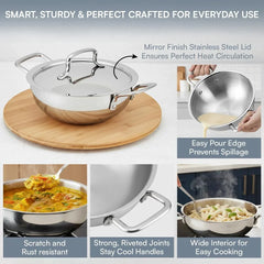 Kraft Futuretec Triply Stainless Steel Kadai with Lid – 4.5 Litre (28 cm), 2.5 mm Thick Extra Deep Kadai | Large Size for Family Cooking & Parties | Healthy Cooking with Less Oil | 5 Years Warranty