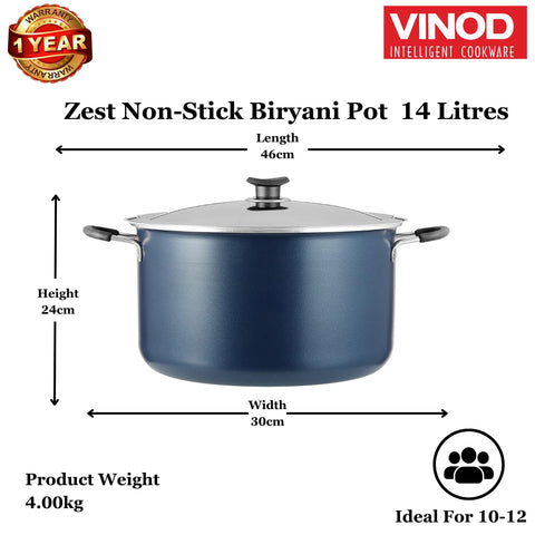 Vinod Zest Non Stick Dum Biryani Pot - 14 Litre, 32 cm | 4 mm Extra Thick | 3 Layer Coating | Metal Spoon Friendly | Bakelite Handle | Gas Base | 1 Year Warranty - Blue