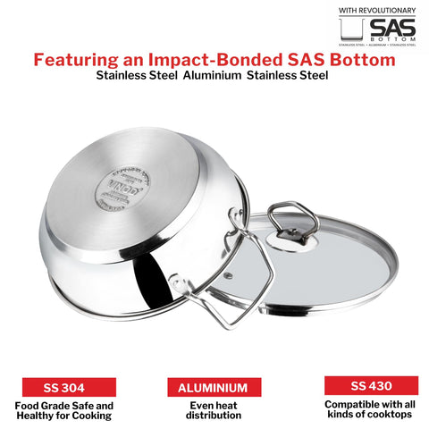Vinod Stainless Steel Kadhai with Glass Lid 20 cm | Extra Thick SAS Heavy Bottom Cookware | Induction & Gas Stove Compatible