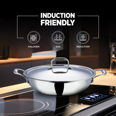 Vinod Platinum Triply Stainless Steel Kadai with Lid - 28 cm | Even Heating No Hotspot, Less Oil Healthy Cooking, Heavy Bottom Induction Cookware Kadhai for Cooking & Frying