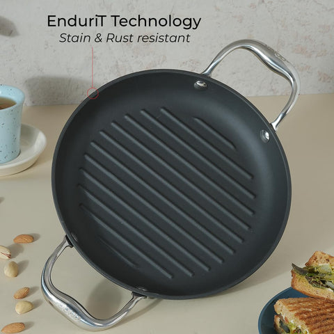 Vinod Ferona Lightweight Cast Iron Grill Pan - 1.2 L, 24 cm | No Seasoning Required | Naturally Stick-Free | Steel Handle | Metal Spoon Safe | Gas, Induction Base | PTFE & PFOA Free | 2-Year Warranty