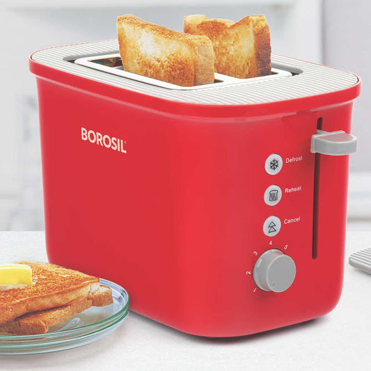 Borosil 800W Krispy Red Pop-up Toaster | 2 Slice Automatic Pop up | Toasting, Reheating & Defrosting Options | Removable Bread Crumb Tray | 7 Temprature Settings | Cord Winder | 2 Years Warranty
