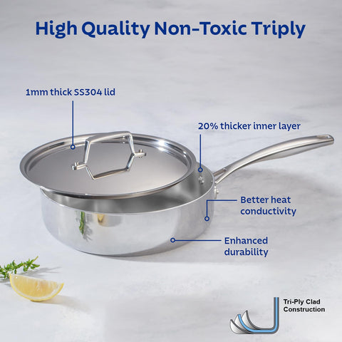 TRAMONTINA Aeion Triply 24cm / 2.8L Stainless Steel Saute Pan with Lid | Curry, Deep Fry, Stir Fry Cooking Pan | Gas/Induction Compatible | Stay Cool Handle | NSF Certified | 10 Year Warranty