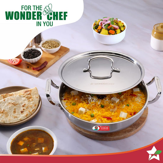 Wonderchef Stella Triply Stainless Steel Kadhai with Lid | 20 cm, 1.6 litres | Compatible with Gas Stove, Induction, Ceramic Cooktop | Non-Toxic | Heavy-Duty Handle | 10-Year Warranty