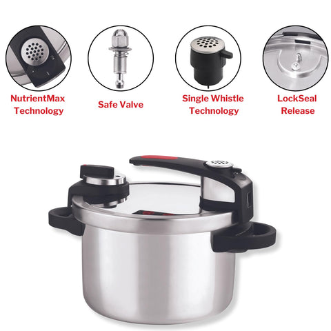 Vinod Stainless Steel Nutrimax Pressure Cooker 3.5 Litre | Sas Technology | Spillage Control, Unique Lid, Auto Lock, Visual Indicator | Induction And Gas Base | ISI Certified | 5 Years Warranty