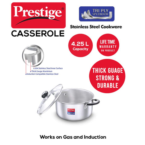 Prestige 22cm/4.25L Tri-Ply Stainless Steel Splendor Casserole with Glass Lid|Gas and Induction Compatible| Even Heat Distribution|Strong and Durable| Perma-Cool Handles