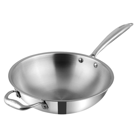 Vinod Platinum Triply Stainless Steel Wok - 26 cm | Riveted Handle | Stir, Shallow Fry/Noodles/Curry/Fried Rice | Induction Base | 5 Year Warranty - Silver