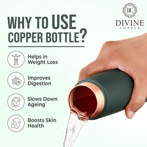 Divine copper 600ml Eclair Premium Copper Water Bottle, 99% Pure Copper, Antibacterial, Handcrafted, Best for Gifts, Easy to Clean, Leak-Proof (Gift Pack, Eclair Green)