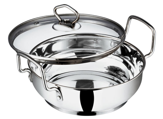 Vinod Stainless Steel Kadhai with Glass Lid 20 cm | Extra Thick SAS Heavy Bottom Cookware | Induction & Gas Stove Compatible