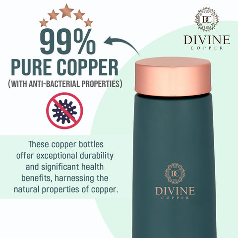 Divine copper 600ml Eclair Premium Copper Water Bottle, 99% Pure Copper, Antibacterial, Handcrafted, Best for Gifts, Easy to Clean, Leak-Proof (Gift Pack, Eclair Green)