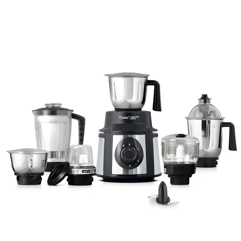 Prestige Endura 1000 Watt Mixer Grinder with 6 Jars | Heavy-Duty Ball Bearing Motor | 3 Stainless Steel Jars + 1 Juicer + 1 Mix-O-Keep + 1 Multi-Utility | SS Baldes | Black | 5Y Motor Warranty