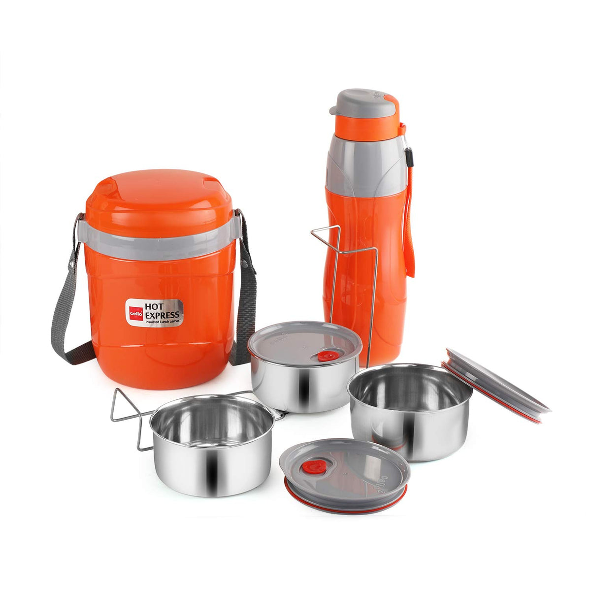 CELLO Lunch Express, Insulated Plastic Tiffin and Water Bottle- Orange | CELLO Lunch Express Insulated Tiffin and Water Bottle, Orange (Plastic) | Stainless Steel Tiffin 3 Units | Hot and Cold Water Bottle | Ideal for Office, Travel