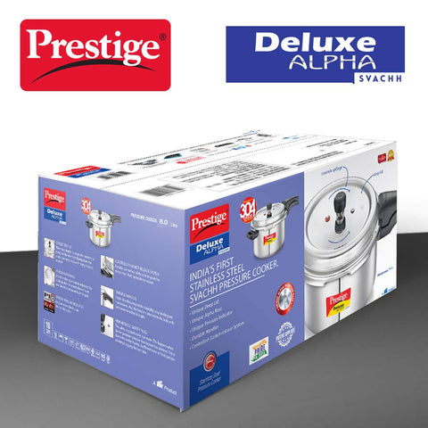 Prestige 8 Litre Stainless Steel Deluxe Alpha Svachh Outerlid Pressure Cooker |Deep lid for spillage control|10 years warranty|Gas & Induction compatible|Gasket release system|ISI Certified