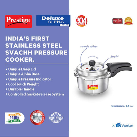 Prestige Deluxe Alpha Svachh 2.0 Litre Stainless Steel Outer Lid Pressure Cookers, Silver, 2 Liter, 20247