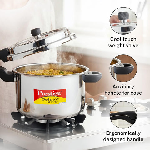 Prestige 6.5 Litre Stainless Steel Deluxe Alpha Svachh Outer Lid Pressure Cooker | 10Y Warranty | Deep Lid for Spillage Control | TRIPLY Base | Gasket Release System | Gas & Induction Compatible | ISI