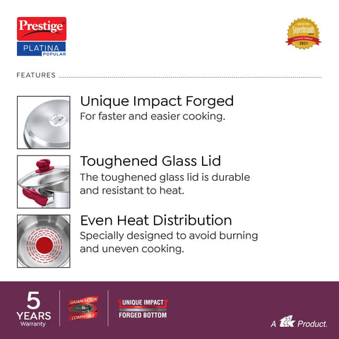Prestige Platina Popular Stainless Steel Gas and Induction Compatible Casserole with Glass Lid, 200 mm, 3 Litre