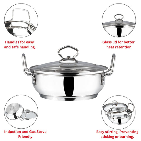 Vinod Stainless Steel Kadhai with Glass Lid, 2.7 L (24 cm) | Extra Thick Heavy Base, Riveted Handles, Easy to Clean, Durable Body | Ideal for Curries & Frying | Induction & Gas Base | 2 Yr Warranty