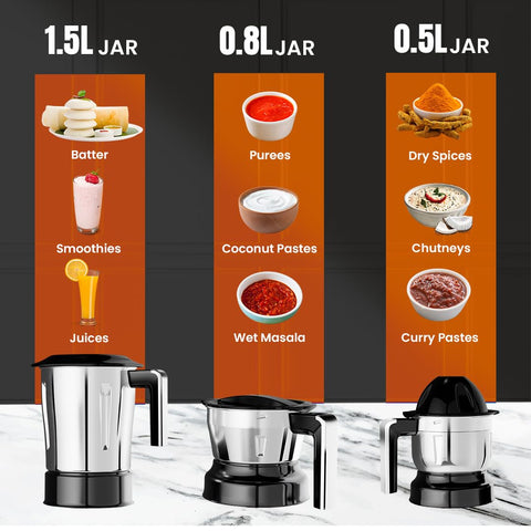 Ultra Choice Pro Mixer Grinder - Black | Fast & Heavy-Duty 1000W High Torque Motor with 5 Years Warranty | AISI 304 Food-Grade 3 SS Jar, 3 Speed Regular + Pulse