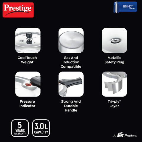 Prestige 3 Litre Triply Svachh Handi Outerlid Pressure Cooker|Deep lid for spillage control|Gas & Induction Compatible|Triply body for even heating|Gasket Release System|5 Years warranty|ISI certified