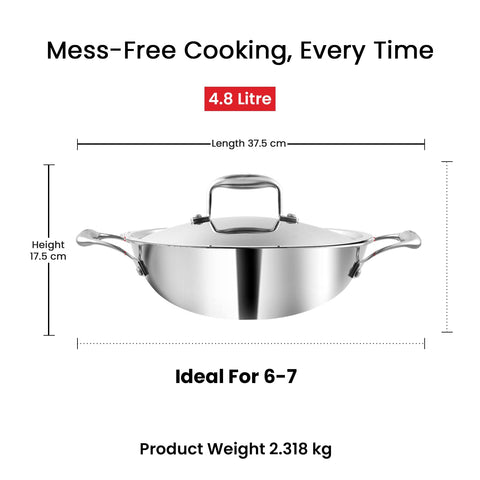 Vinod Platinum Triply Stainless Steel Extra Deep Kadai with Lid - 4.8 L, 28 cm | 2.5mm Thick Base, Even Heating, Less Oil Healthy Cooking, Heavy Bottom Induction Cookware Kadhai for Cooking & Frying