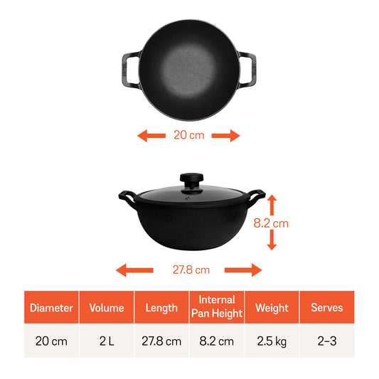 Meyer Pre Seasoned Cast Iron Kadai|Iron Kadhai with Lid for Cooking and Deep Frying | Heavy Base Iron Kadai Small Size | Gas Stove and Induction Friendly 20cm/ 2 Liters, Black