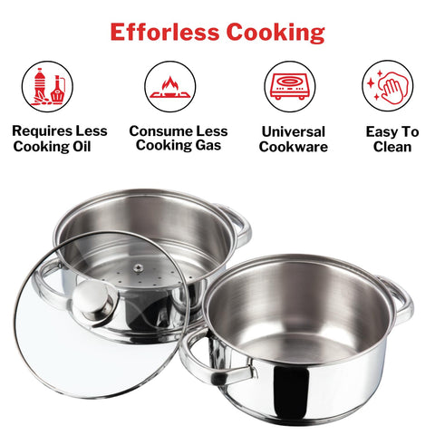 Vinod Stainless Steel 2-Tier Steamer with Glass Lid, 20 cm | Steamer for Momos, Modaks, Vegetables & More | Riveted Handles | Induction & Gas Base | 2 Yr Warranty