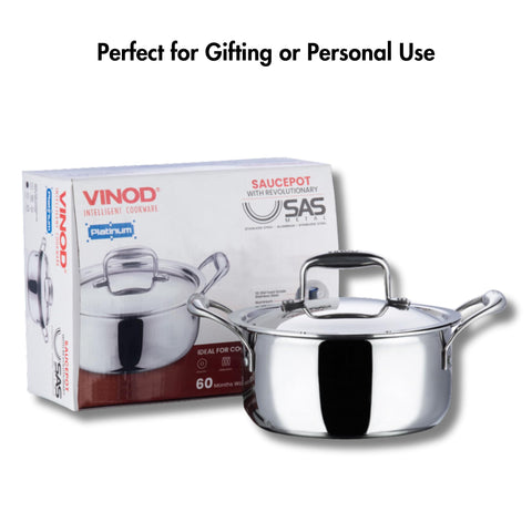 Vinod Platinum Triply Stainless Steel Saucepot with Lid 5L (24 cm) | 2.5 mm Thick Base | Multi-Purpose Biryani & Curry Pot | Induction & Gas Stove Compatible | 5 Year Warranty – Silver
