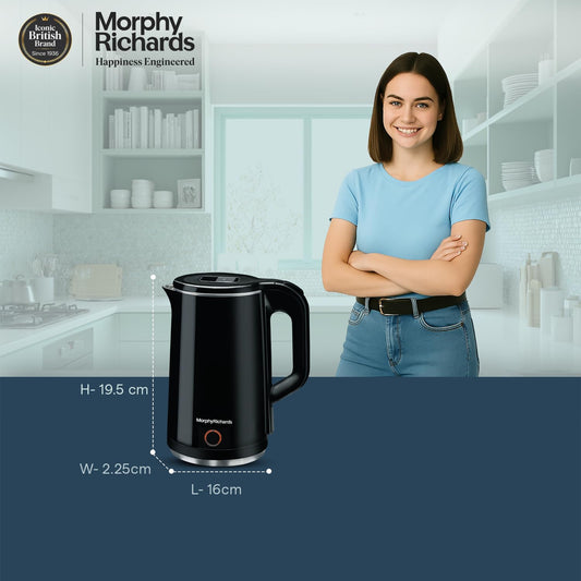Morphy Richards Black Beauty Electric Kettle 1.5L | 1350W Kettle with One Key Operation, Cool Touch Handle | Auto Shut-Off, Dry Boil Protection & Overheat Protection | Compact & Stylish Design | Black