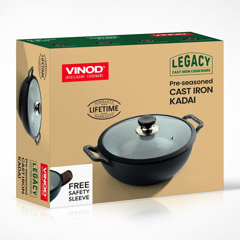 Vinod Legacy Pre-Seasoned Cast Iron Kadai with Glass Lid – 26 cm | Naturally Stick Free | Cooking Kadhai for Deep Frying | Big Size | 100% Pure | Toxin Free | Safety Sleeve