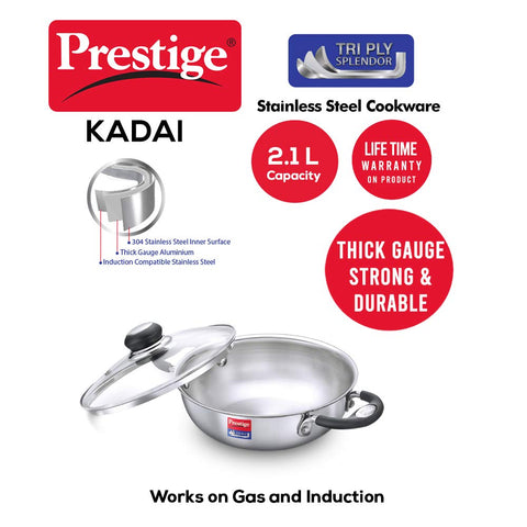 Prestige 22cm/2.1L Tri-Ply Stainless Steel Splendor Kadai with Lid| Gas & Induction Compatible| Even Heat Distribution| Strong and Durable| Perma-Cool Handles