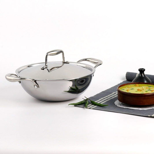 Wonderchef Nigella Tri-ply Stainless Steel 20 cm Kadhai with Lid | 1.5 Litre | 2.6mm Thickness | Kadai with Induction base | Compatible with all cooktops | Riveted Cool-Touch Handle | 10 Year Warranty