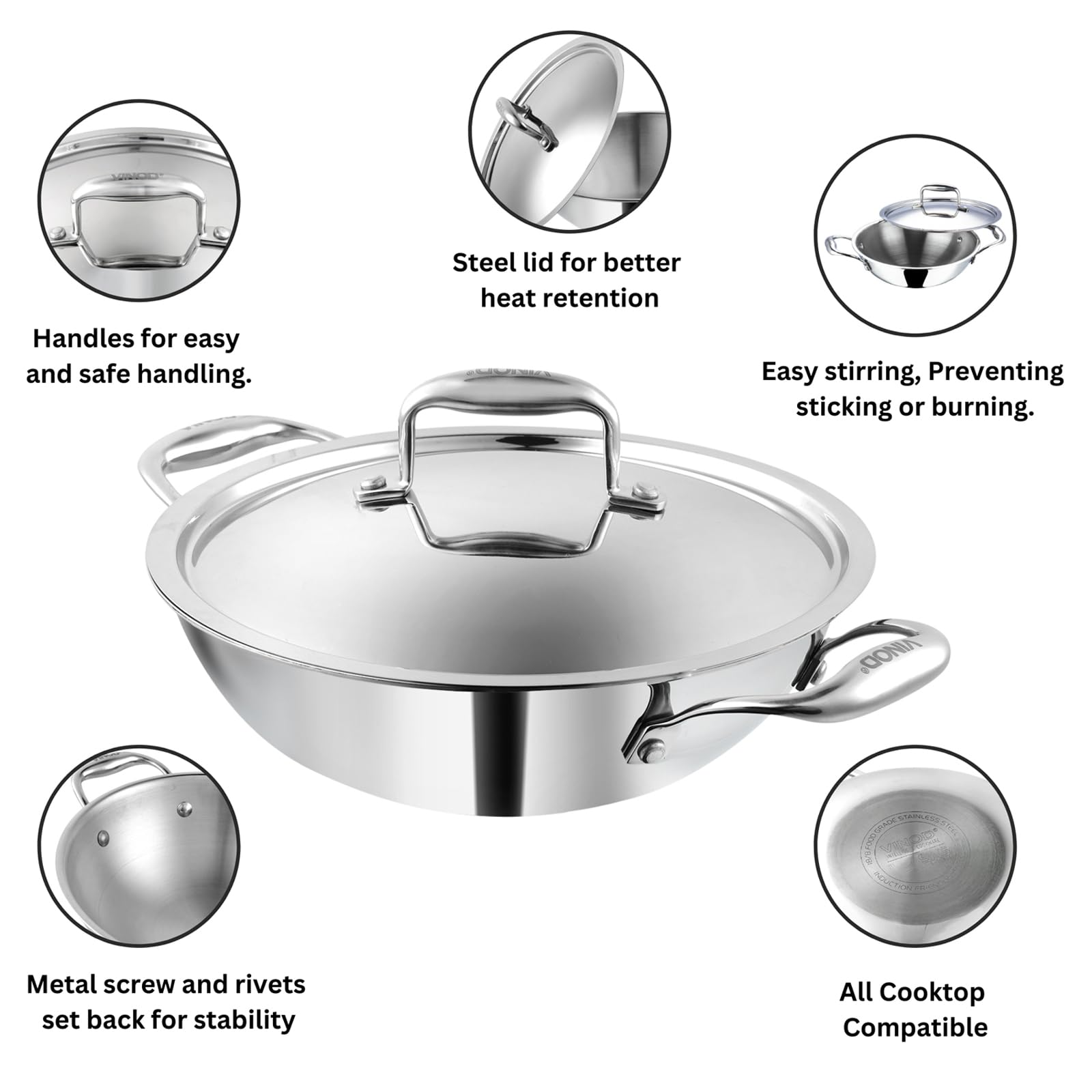 Vinod Platinum 32cm Triply Kadai - 5.5L Heavy Bottom Induction Pot