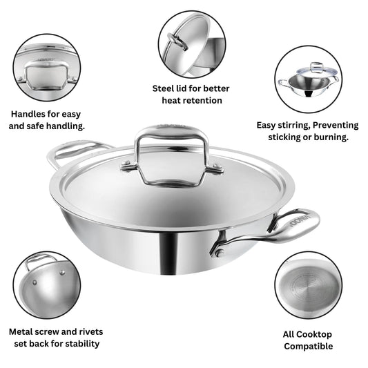 Vinod Platinum 32cm Triply Kadai - 5.5L Heavy Bottom Induction Pot