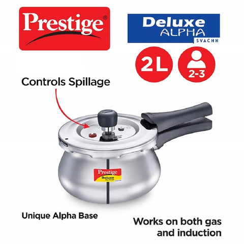 Prestige 2 Litre Stainless Steel Deluxe Alpha Svachh Outerlid Baby Handi Pressure Cooker|10 years warrantyDeep lid for spillage control|Gas & Induction compatible|ISI Certified