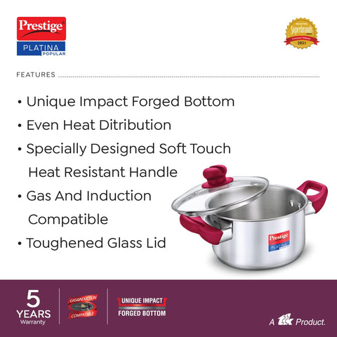 Prestige Platina Popular Stainless Steel Gas and Induction Compatible Casserole with Glass Lid, 220 mm, 4.6 Litre