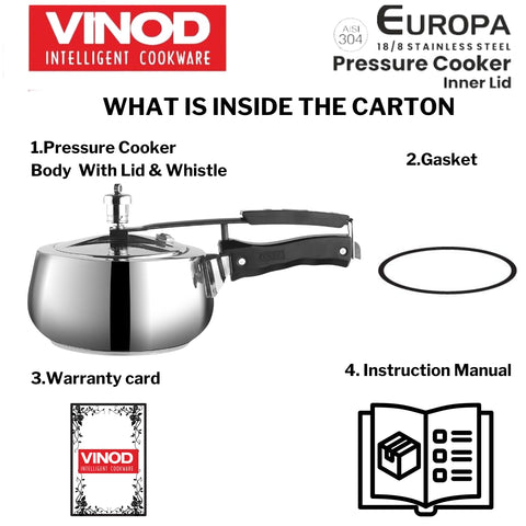 Vinod Europa Stainless Steel Inner Lid Pressure Cooker – 3 Litre | Handi Shape Design | Durable Sandwich Bottom | Induction & Gas Stove Friendly | ISI & CE Certified | 2 Year Warranty | Steel