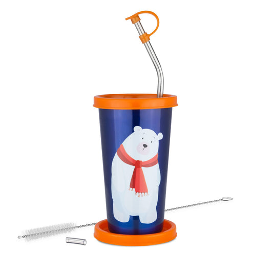 PDDFALCON Polar Bear Cartoon Print Steel Straw Glass, Blue with Orange Lid, 370ml