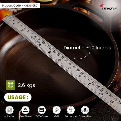 Aarogyam Cast Iron Flat Kadhai - 10 inch (31 cm), Weight 2.6 Kgs - Pre-Seasoned | Gas & Induction Compatible | Non-Toxic | Naturally Non-Stick | Oven Safe