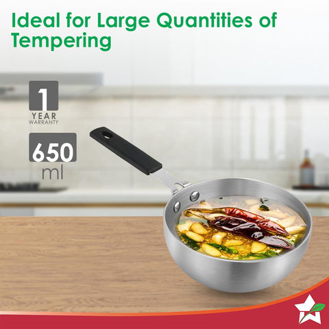 Wonderchef Venice Tri-ply Stainless-Steel Mini Wok Tadka Pan | 650 ml, 14 cm | Cool-Touch Silicone Handle | Warp-Resistant, 100% Food-Grade Material | Compatible with All Cooktops | 1-Year Warranty