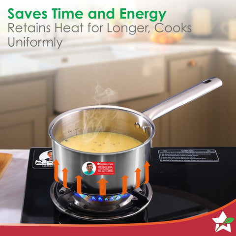 Wonderchef Stella Triply Stainless Steel Milk Pan | 16 cm, 1.7 litres | Compatible with Gas Stove, Induction, Ceramic Cooktop | Non-Toxic | Uniform Heating | Heavy-Duty Handle | 10-Year Warranty