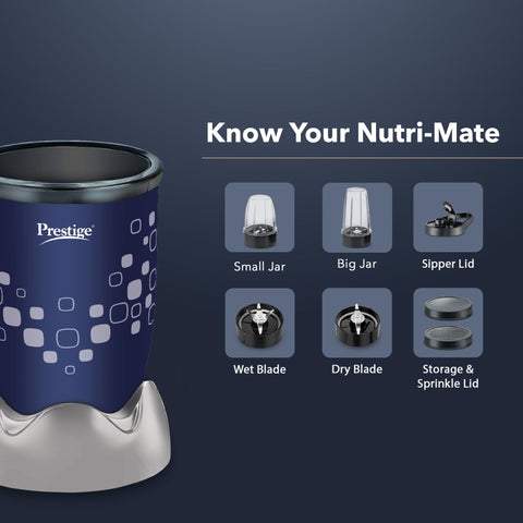 Prestige Nutri-Mate 400W Mixer Grinder 2 Multipurpose Jars (Lids-1 Sipper, 1 Storage, 1 Sprinkle) Blue