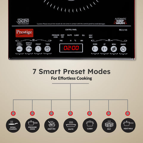 Prestige PIC 3.1 V3 2000 Watts Induction Cooktop | Patented Automatic Whistle Counter | 4KV Surge Protection | 7 Preset Indian Menu Options With Timer | Touch Button | Black | 1Y Warranty | BIS