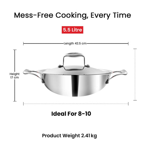 Vinod Platinum 32cm Triply Kadai - 5.5L Heavy Bottom Induction Pot