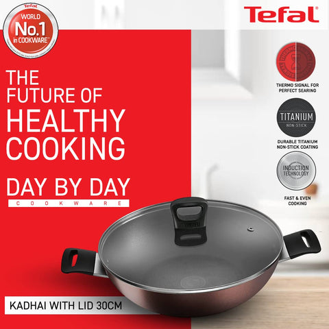 Tefal Day by Day Non-Stick Kadhai with lid/Thermo-Spot Technology/PFOA Free, Titanium Non-Stick Coating/30 cm/Superior Induction Base/Suitable for All Hob Type/Black / 2 Years of Warranty