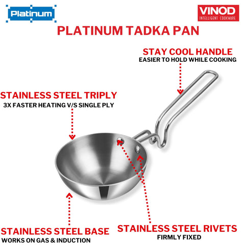 Vinod Triply Stainless Steel Tadka Pan Large | Balanced Handle Design | Vagar Pan for Spice Tempering & Seasoning | Induction & Gas Stove Compatible | 5 Year Warranty