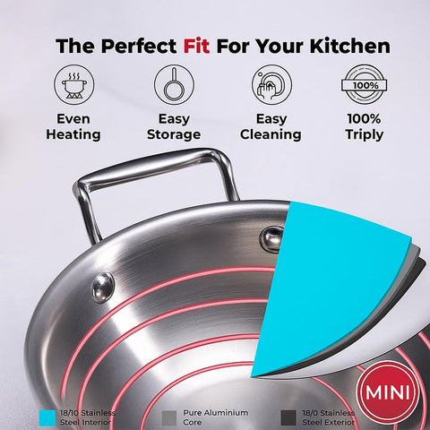 Vinod Platinum Tripy Stainless Steel Mini Kadai - 14cm (600 ml), Compact Design for Healthy Cooking, Induction Friendly Versatile Small kadhai, Use Less Oil, Sturdy and Durable - 5 Years Warranty