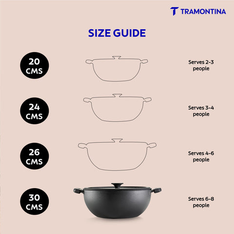 TRAMONTINA TITANEX 30cm/6.8L Pre-Seasoned Heritage Cast Iron Deep Kadai with Toughened Glass Lid | Snap-On Silicone Grips | Kadhai for Curry | Gas/Induction Cookware | Life-Time Warranty